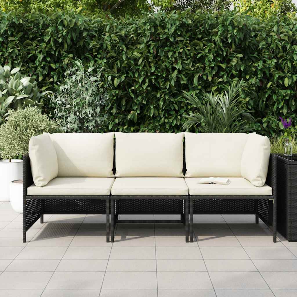 Sofá de jardim 3 lugares com almofadões vime PE preto