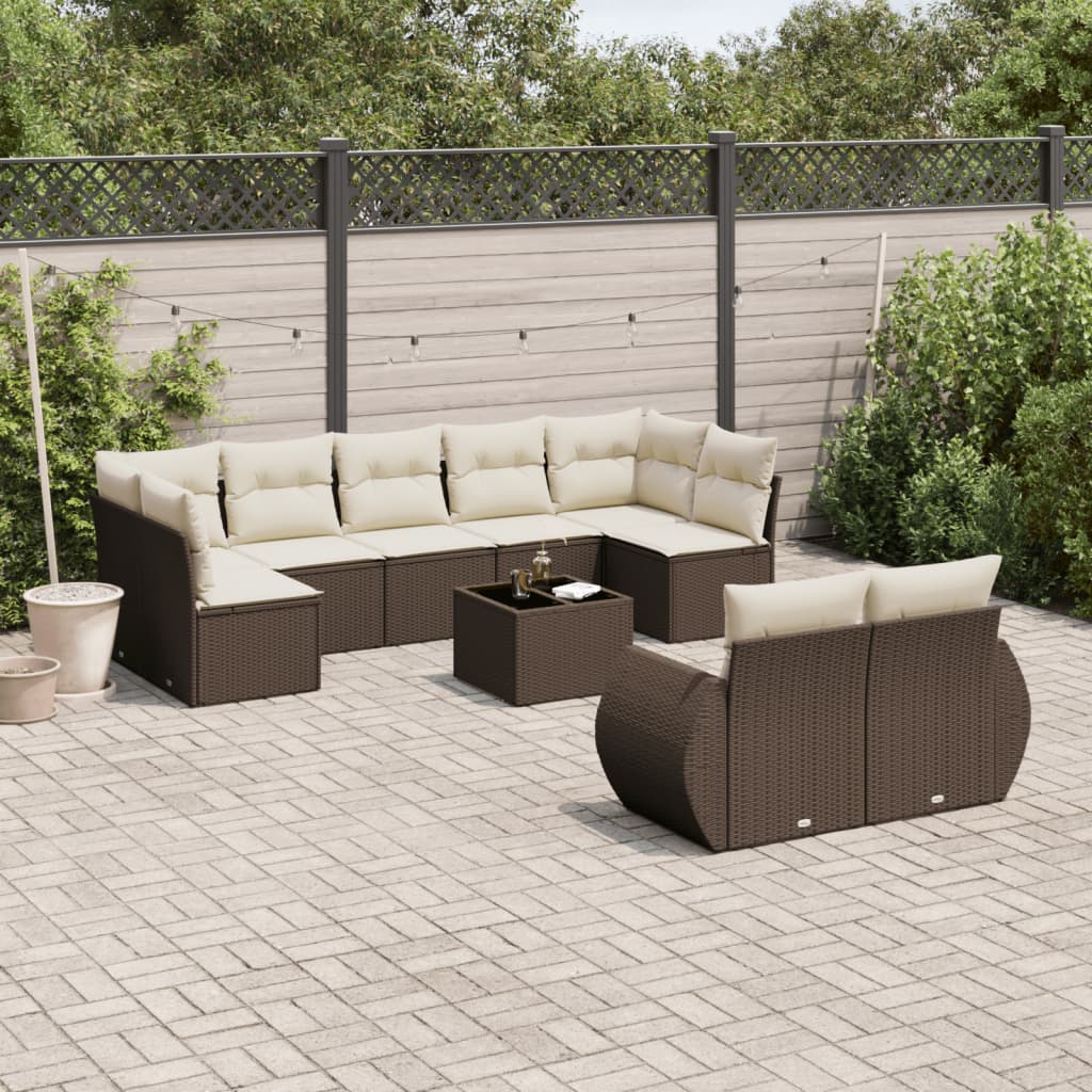 10 Pcs conj. sofás jardim com almofadões vime PE castanho