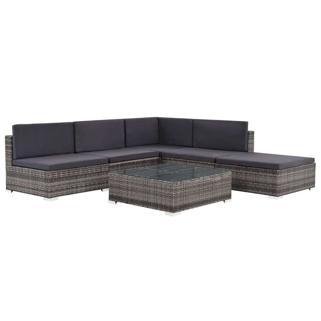 6 Pcs conjunto lounge de jardim c/ almofadões vime PE cinzento