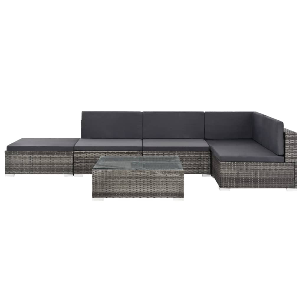 6 Pcs conjunto lounge de jardim c/ almofadões vime PE cinzento