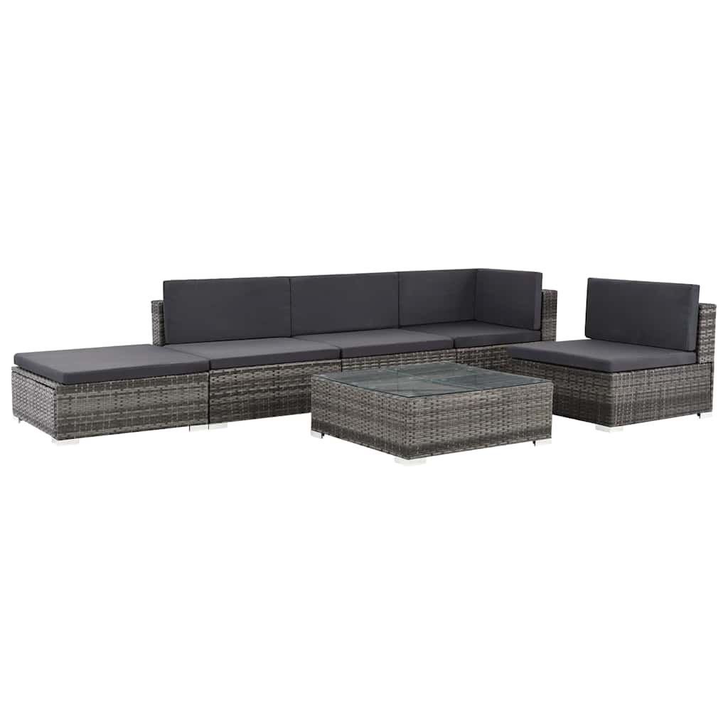 6 Pcs conjunto lounge de jardim c/ almofadões vime PE cinzento