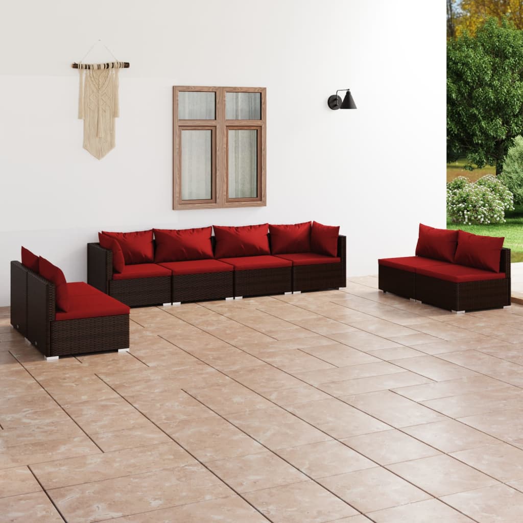8 Pcs conjunto lounge jardim c/ almofadões vime PE castanho