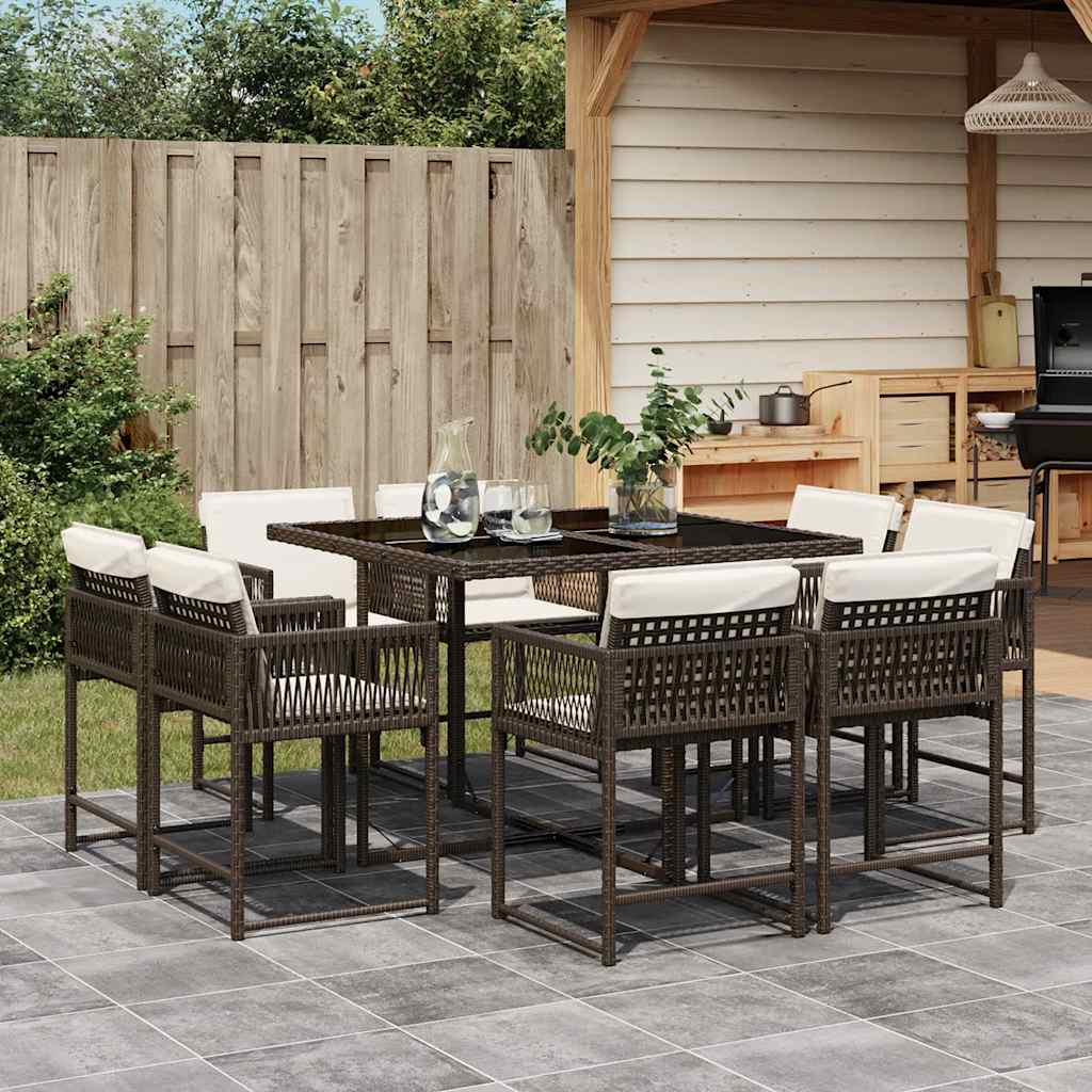 9 Pcs conjunto jantar p/ jardim c/ almofadões vime PE castanho
