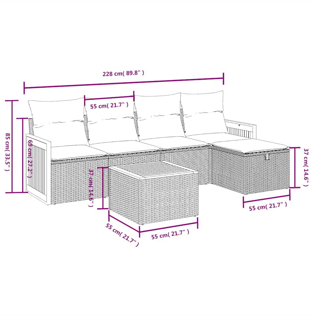 6 Pcs conjunto sofás de jardim c/ almofadões vime PE preto