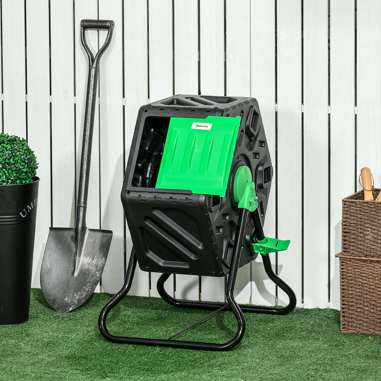 Compostor giratório de 65l recipiente de compostagem de jardim com câmera dupla aberturas de ventilação 60x49x77 cm preto