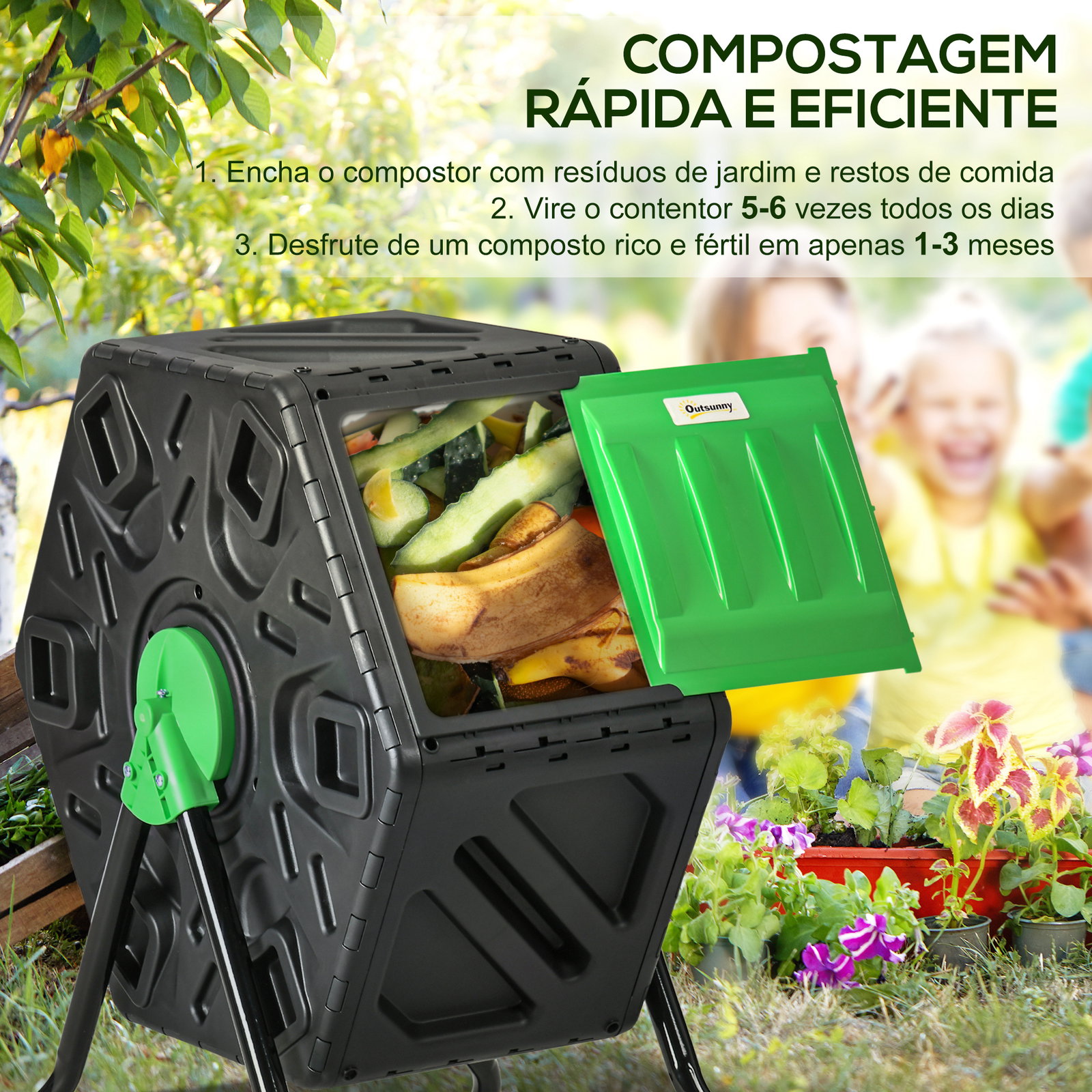 Compostor giratório de 65l recipiente de compostagem de jardim com câmera dupla aberturas de ventilação 60x49x77 cm preto