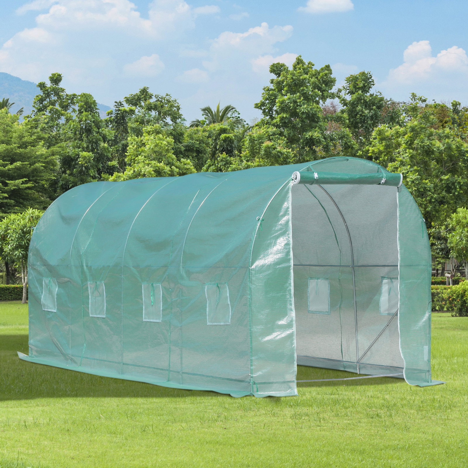 Estufa tipo túnel 500x200x205 cm estufa de jardim com porta enrolável e 8 janelas cobertura de PE 140 g/m² verde