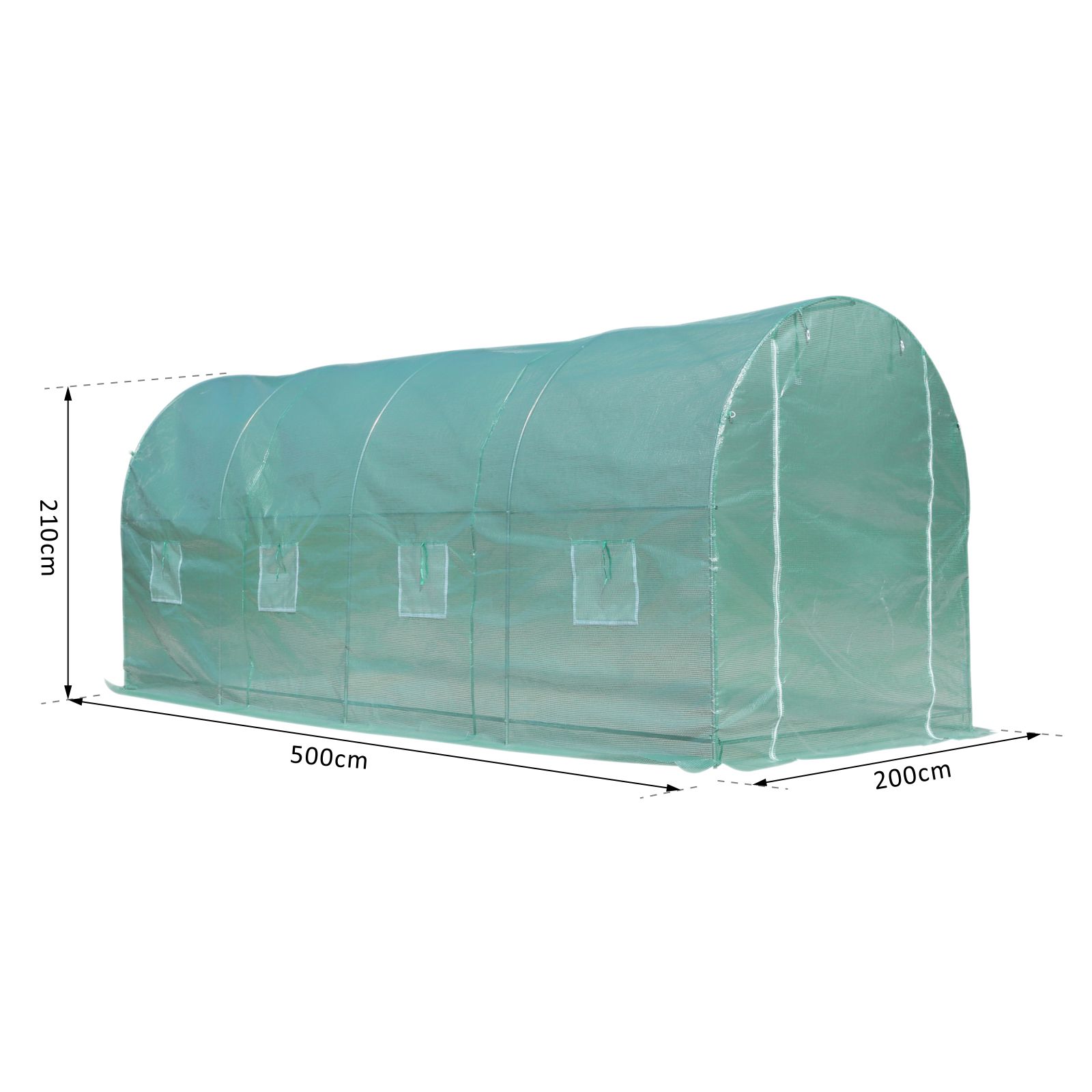 Estufa tipo túnel 500x200x205 cm estufa de jardim com porta enrolável e 8 janelas cobertura de PE 140 g/m² verde