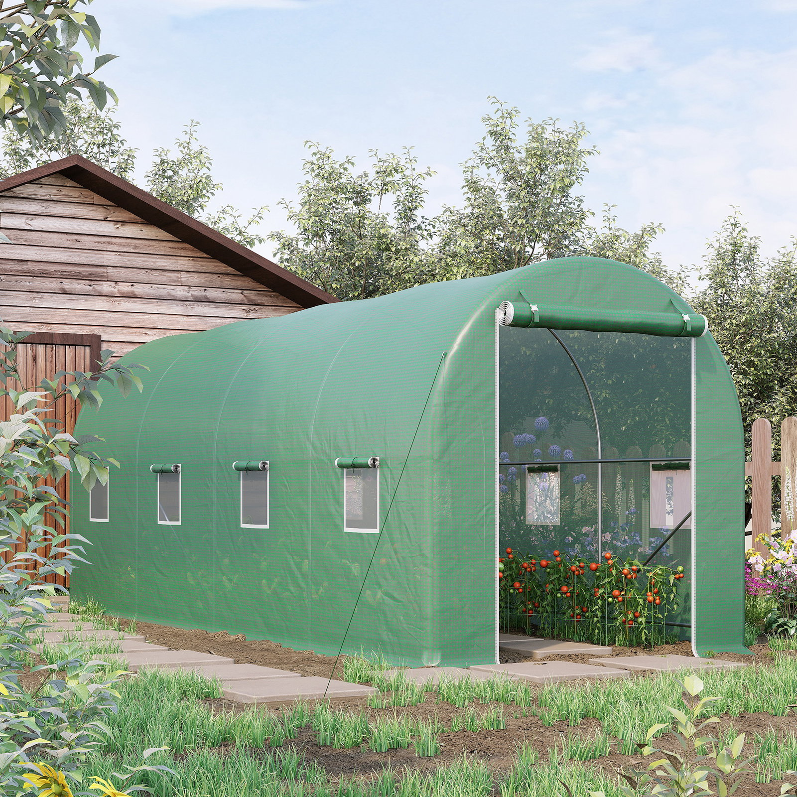 Estufa tipo túnel 500x200x205 cm estufa de jardim com porta enrolável e 8 janelas cobertura de PE 140 g/m² verde