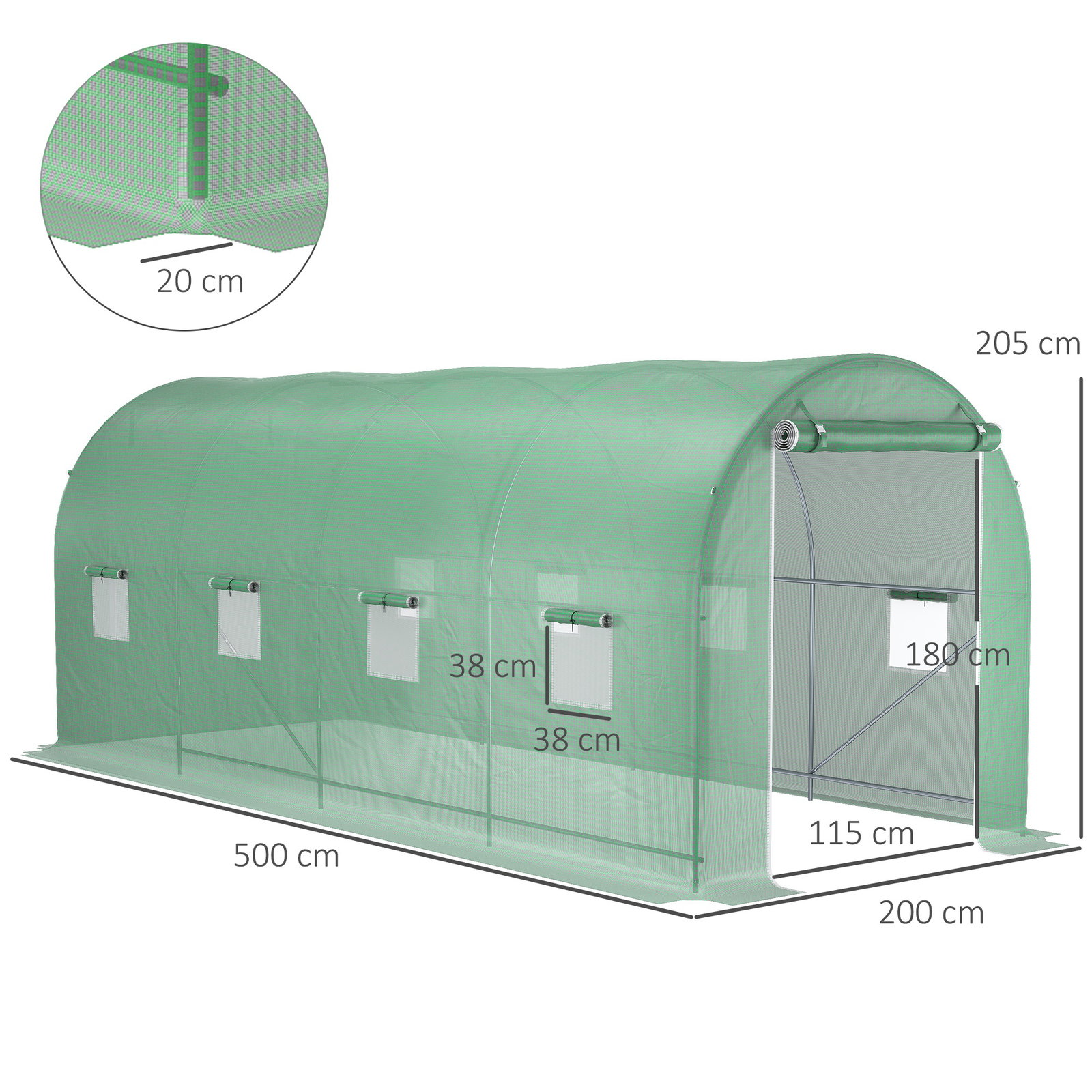 Estufa tipo túnel 500x200x205 cm estufa de jardim com porta enrolável e 8 janelas cobertura de PE 140 g/m² verde