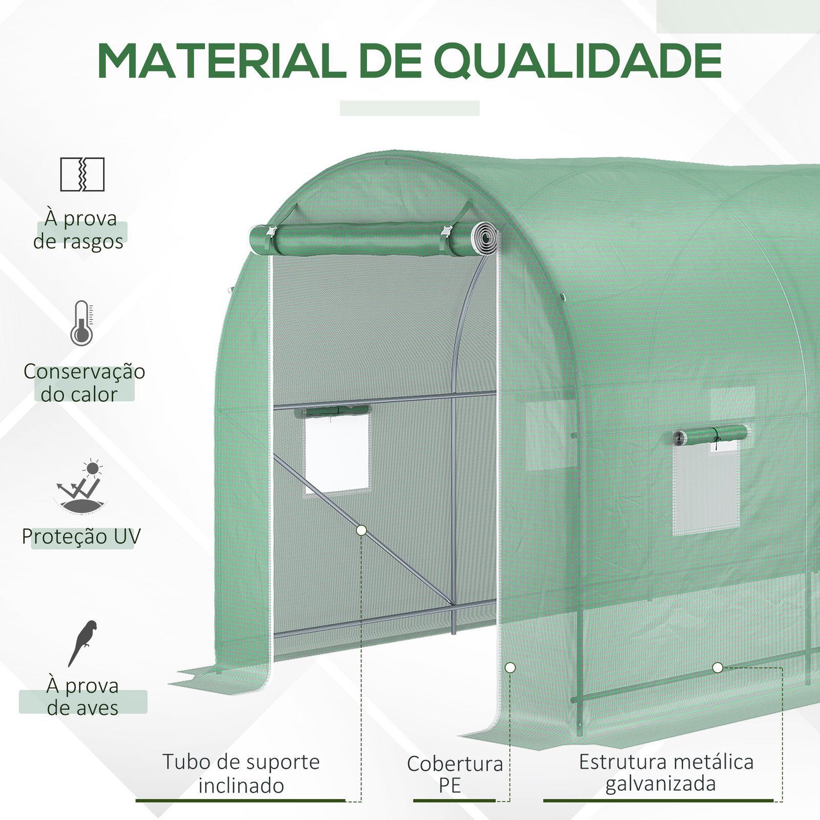 Estufa tipo túnel 500x200x205 cm estufa de jardim com porta enrolável e 8 janelas cobertura de PE 140 g/m² verde