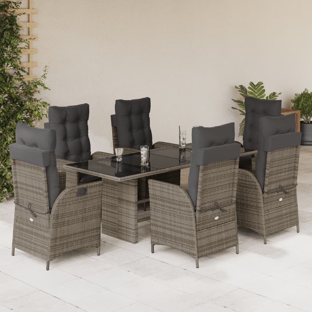 7 Pcs conjunto de jantar p/ jardim c/ almofadões vime PE cinza