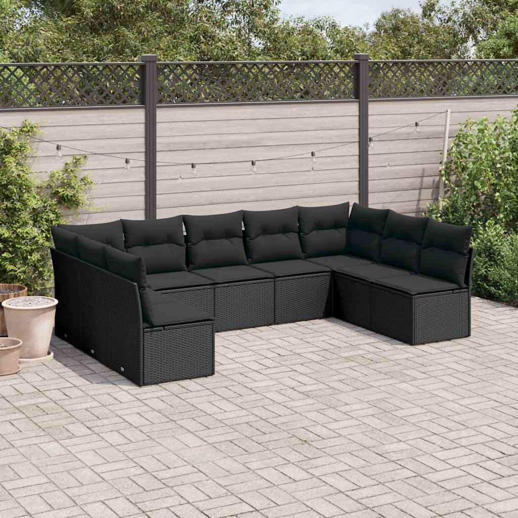 9 Pcs conjunto de sofás p/ jardim c/ almofadões vime PE preto