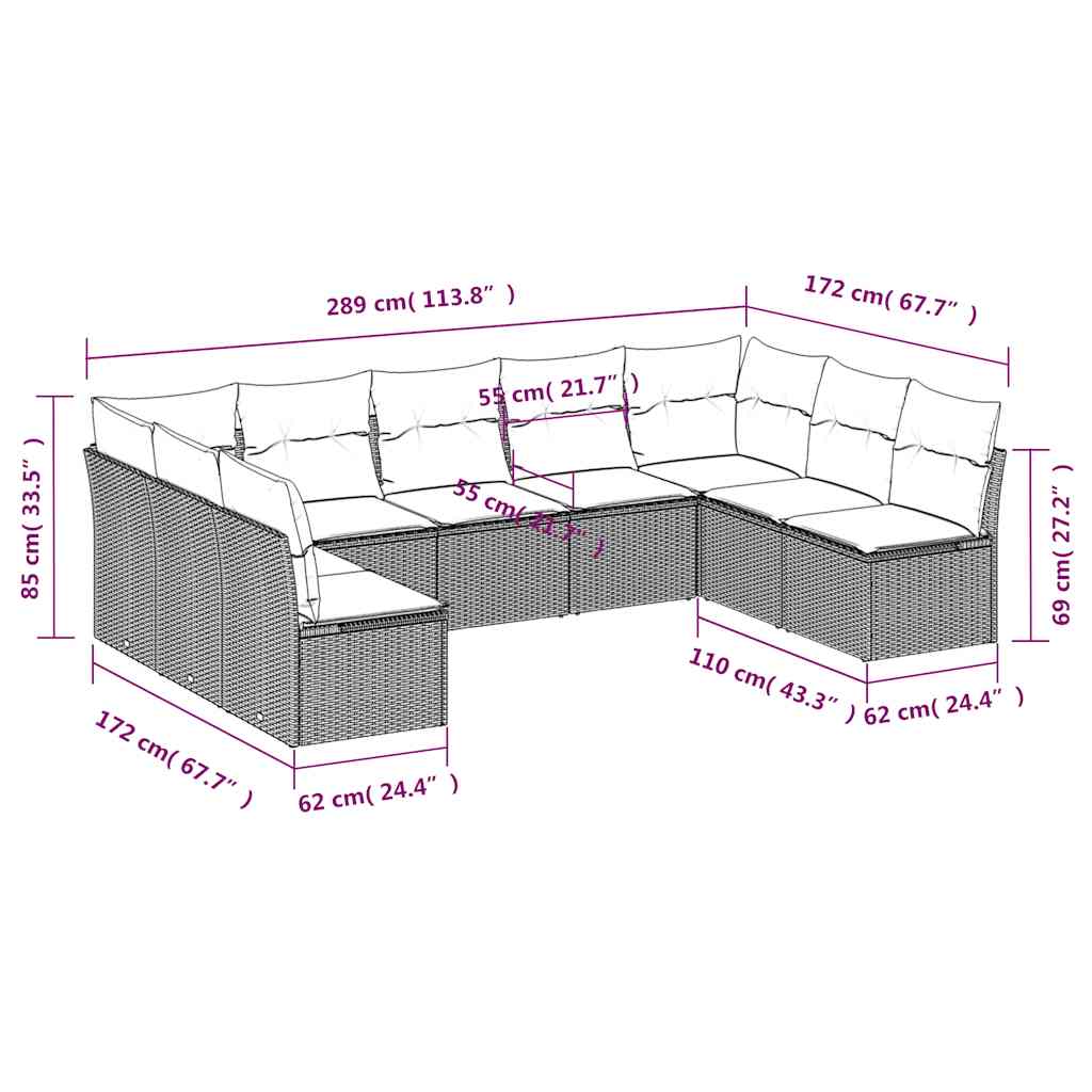 9 Pcs conjunto de sofás p/ jardim c/ almofadões vime PE preto
