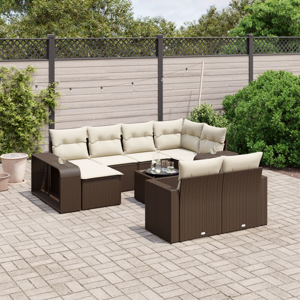 11 Pcs conjunto sofás de jardim c/ almofadões vime PE castanho
