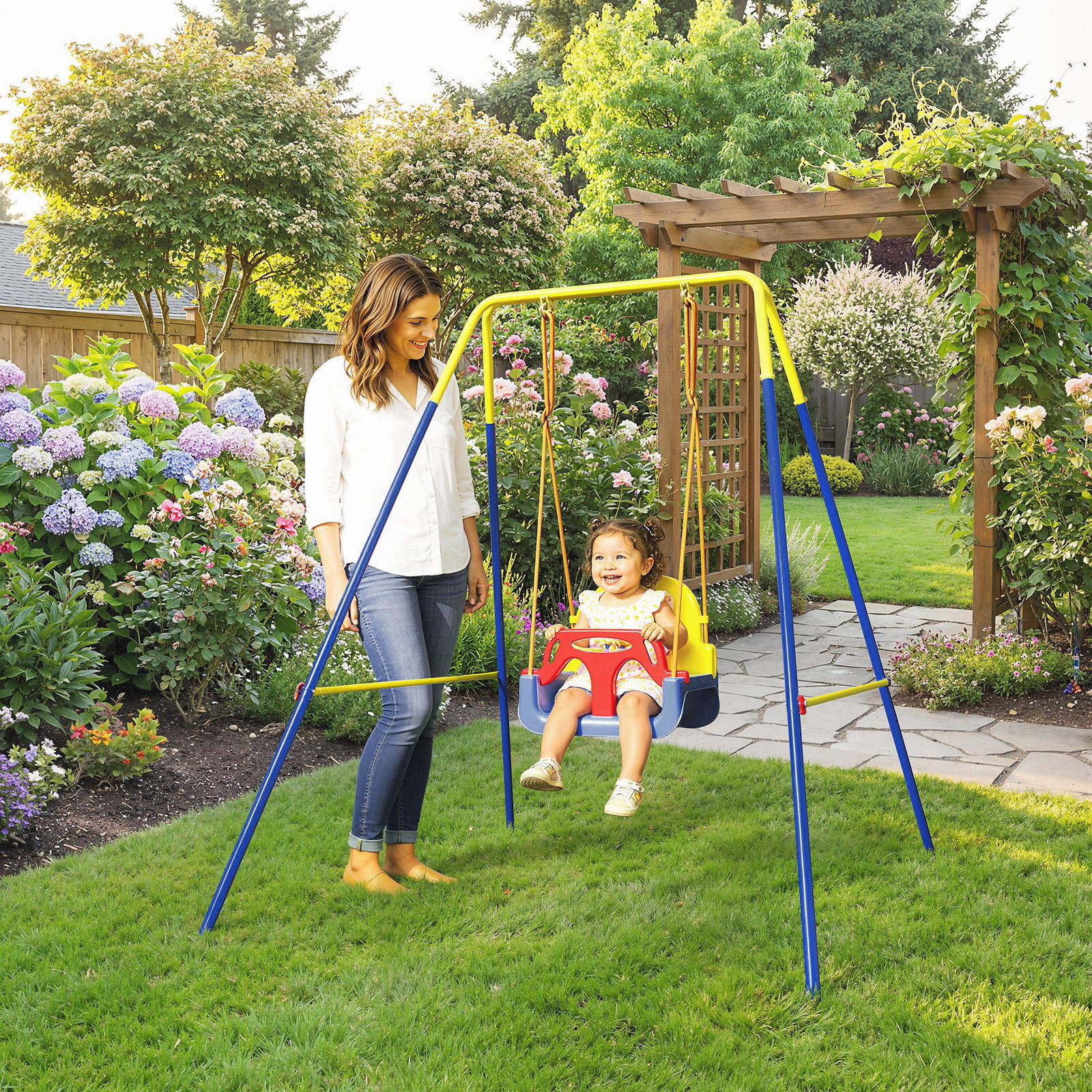 Estrutura de baloiço infantil dobrável estrutura metálica para 1 baloiço com 2 ganchos 4 estacas 128x155x157 cm azul