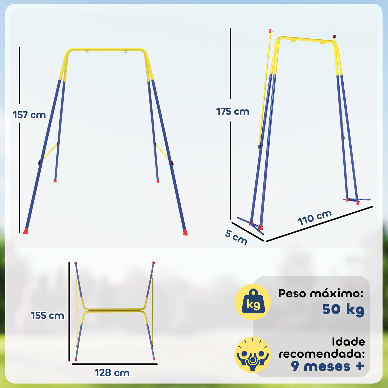 Estrutura de baloiço infantil dobrável estrutura metálica para 1 baloiço com 2 ganchos 4 estacas 128x155x157 cm azul