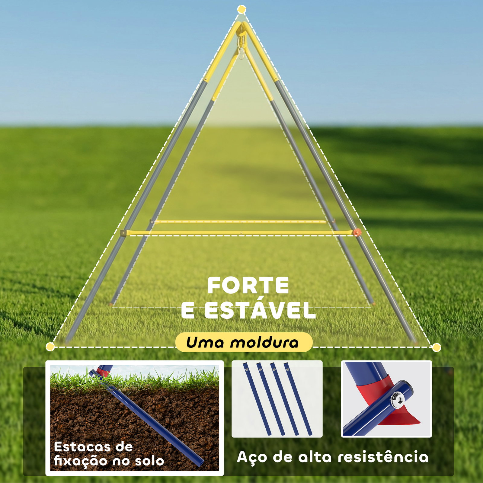 Estrutura de baloiço infantil dobrável estrutura metálica para 1 baloiço com 2 ganchos 4 estacas 128x155x157 cm azul