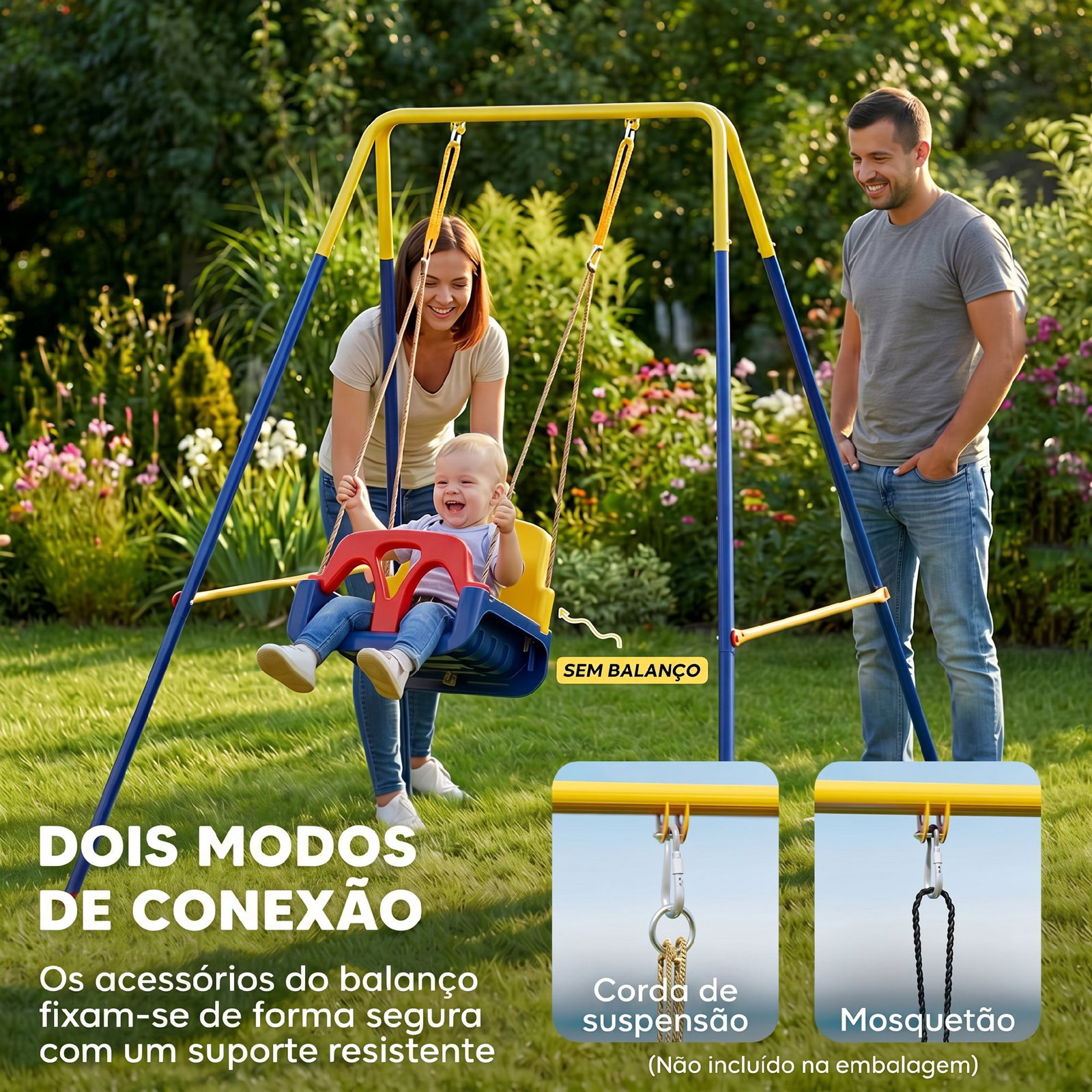 Estrutura de baloiço infantil dobrável estrutura metálica para 1 baloiço com 2 ganchos 4 estacas 128x155x157 cm azul