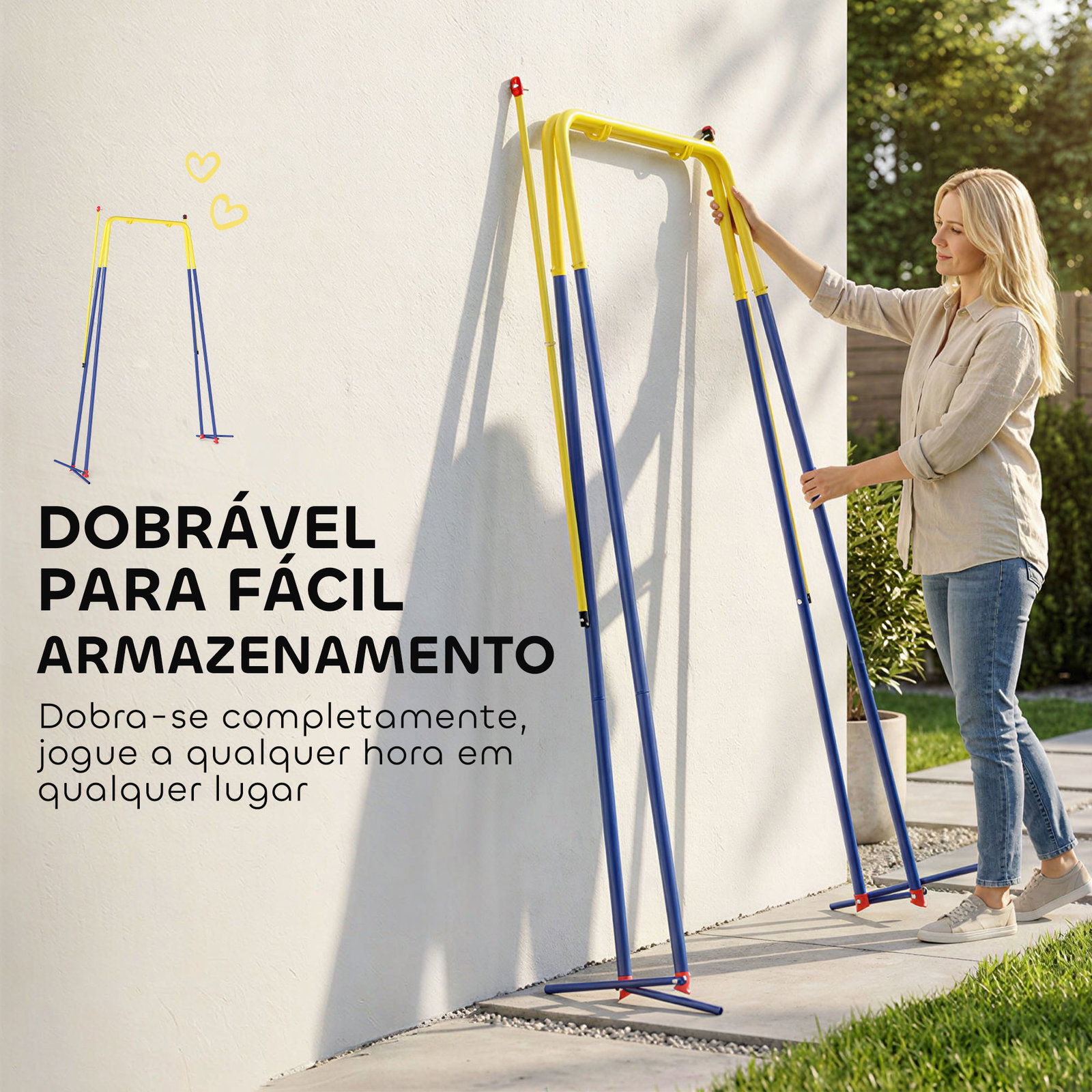 Estrutura de baloiço infantil dobrável estrutura metálica para 1 baloiço com 2 ganchos 4 estacas 128x155x157 cm azul