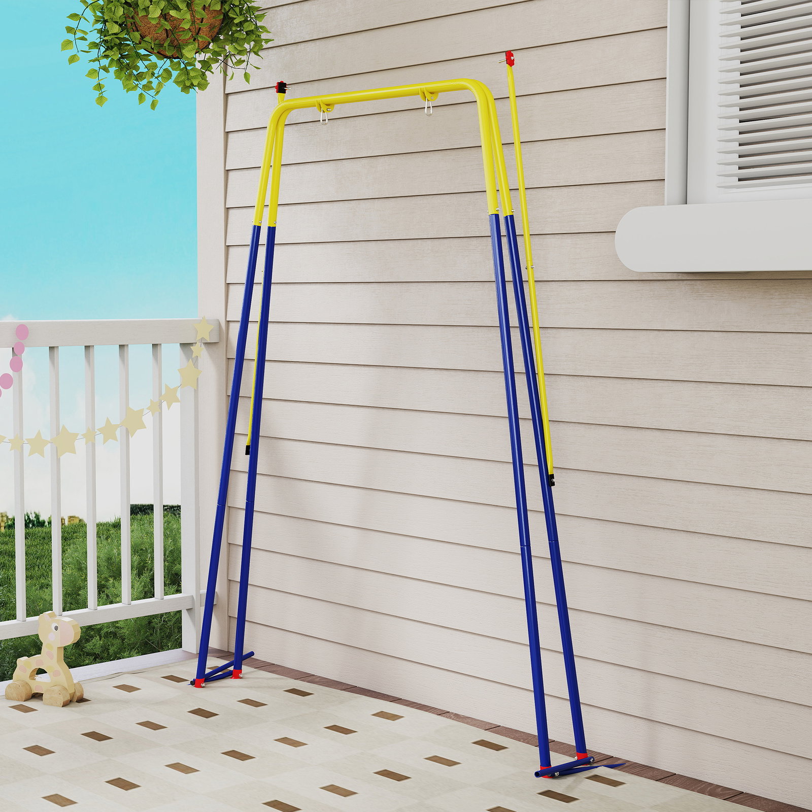 Estrutura de baloiço infantil dobrável estrutura metálica para 1 baloiço com 2 ganchos 4 estacas 128x155x157 cm azul