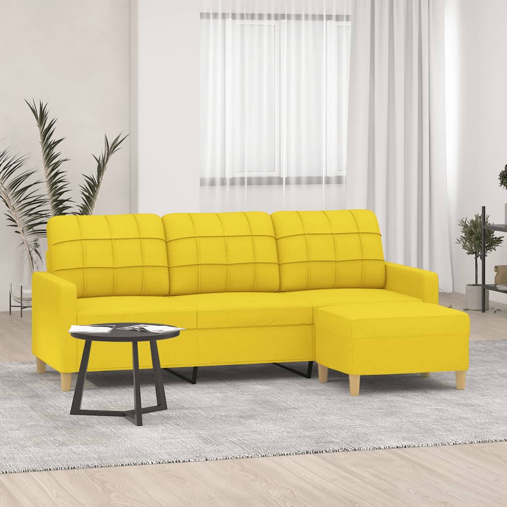 Sofá de 3 lugares com apoio de pés 180 cm tecido amarelo-claro