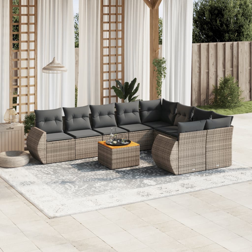 10 Pcs conjunto sofás de jardim c/ almofadões vime PE cinzento