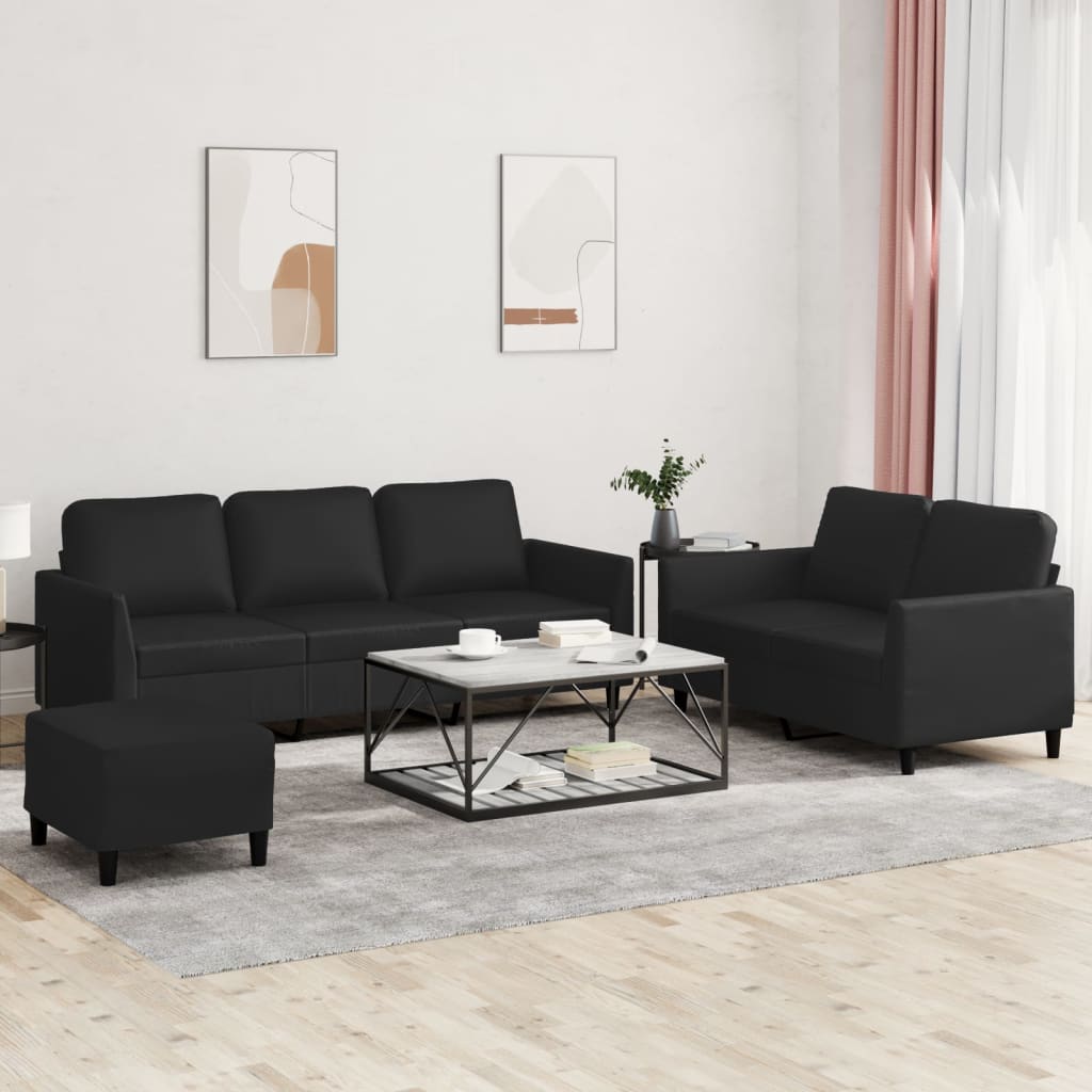 3 Pcs conjunto de sofás com almofadões couro artificial preto
