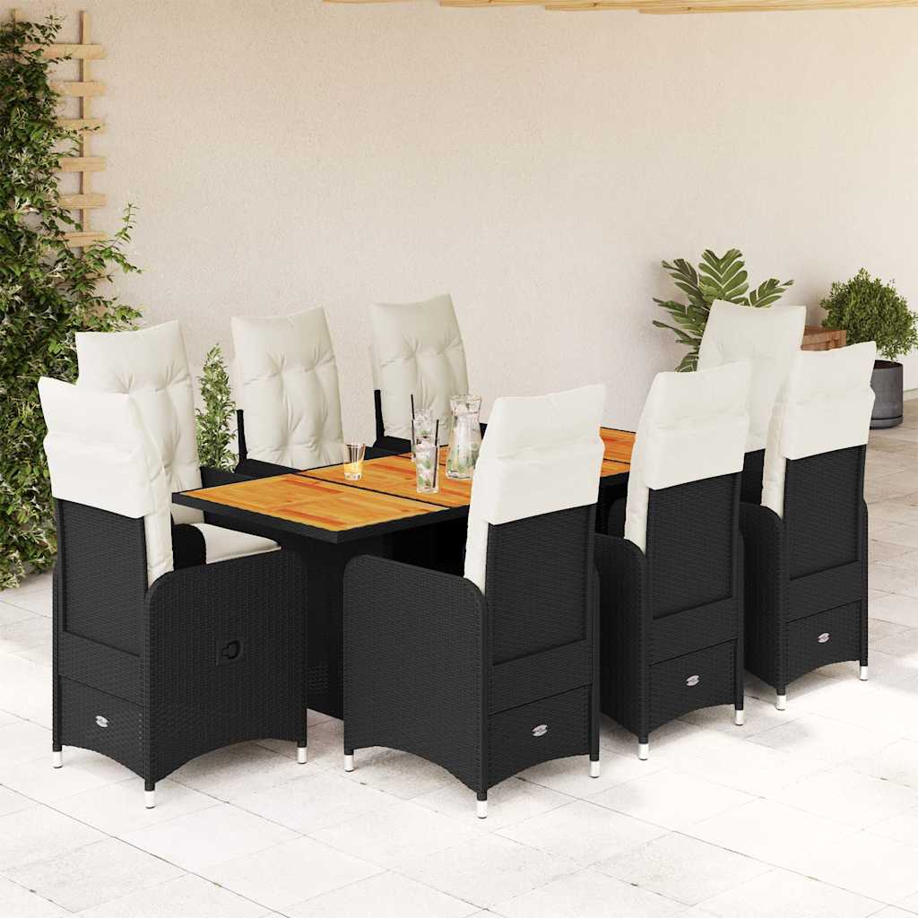 9 Pcs conjunto de bistrô p/ jardim c/ almofadões vime PE preto