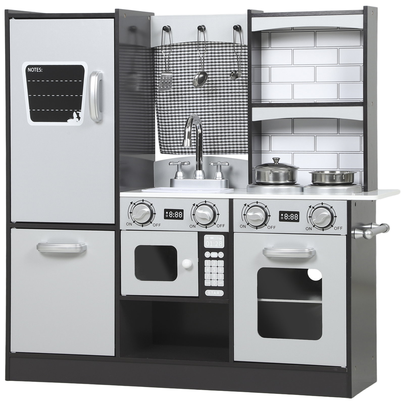 Cozinha de madeira com som cozinha de brincar infantil com acessórios em aço inoxidável frigorífico micro-ondas, lava-loiça 81x27x79,7 cm castanho escuro