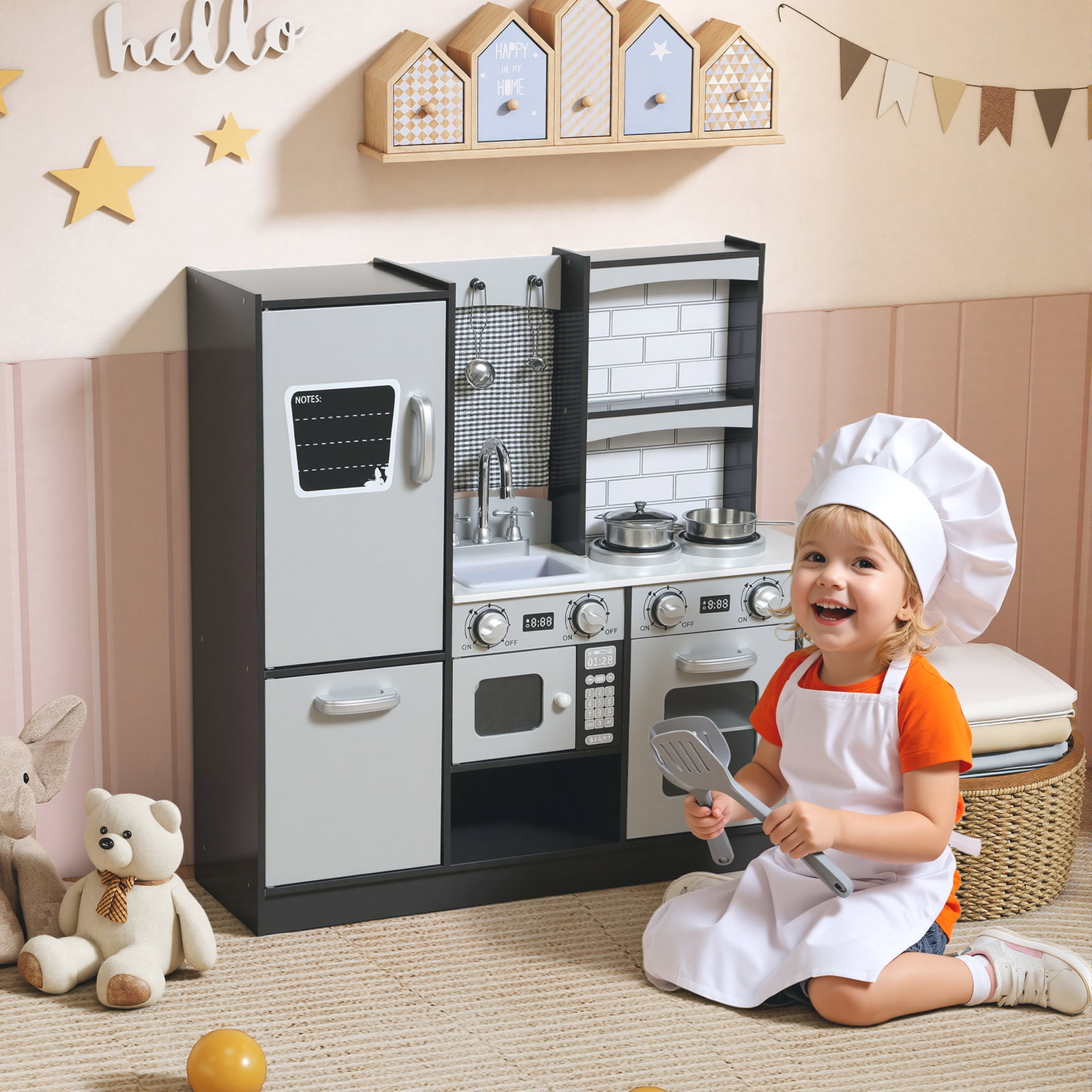Cozinha de madeira com som cozinha de brincar infantil com acessórios em aço inoxidável frigorífico micro-ondas, lava-loiça 81x27x79,7 cm castanho escuro