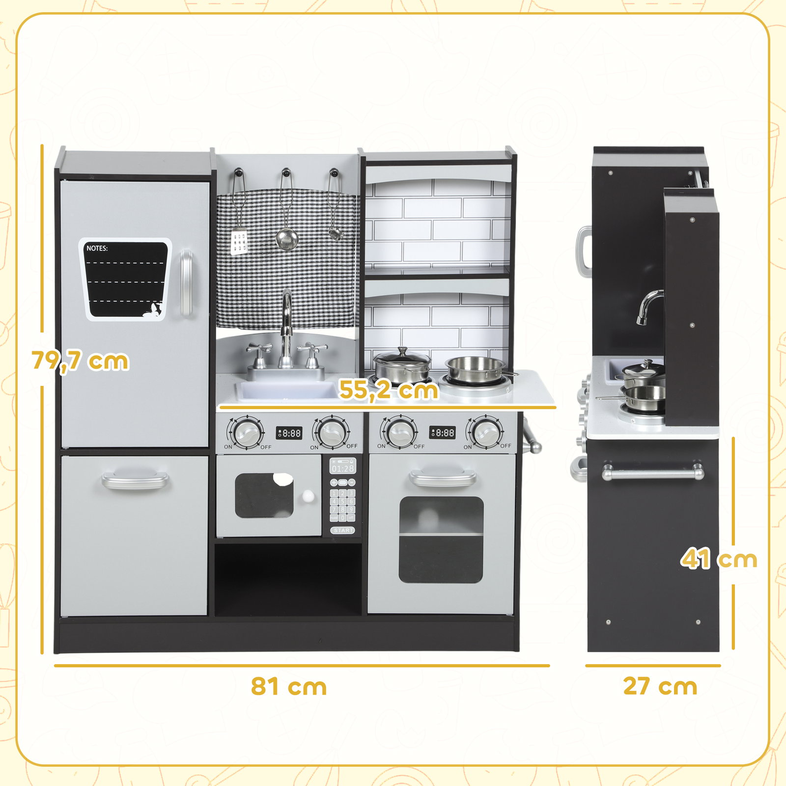 Cozinha de madeira com som cozinha de brincar infantil com acessórios em aço inoxidável frigorífico micro-ondas, lava-loiça 81x27x79,7 cm castanho escuro
