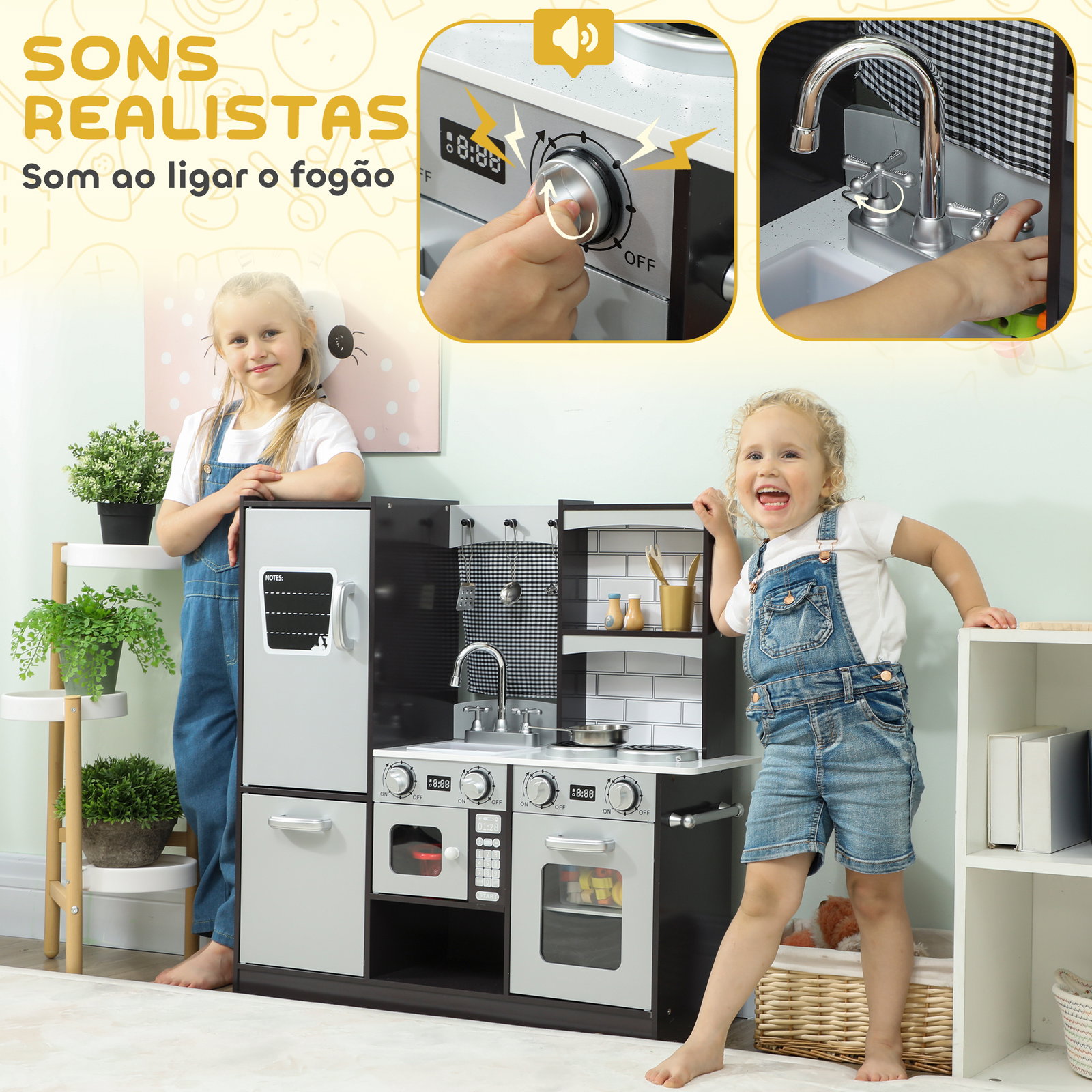 Cozinha de madeira com som cozinha de brincar infantil com acessórios em aço inoxidável frigorífico micro-ondas, lava-loiça 81x27x79,7 cm castanho escuro