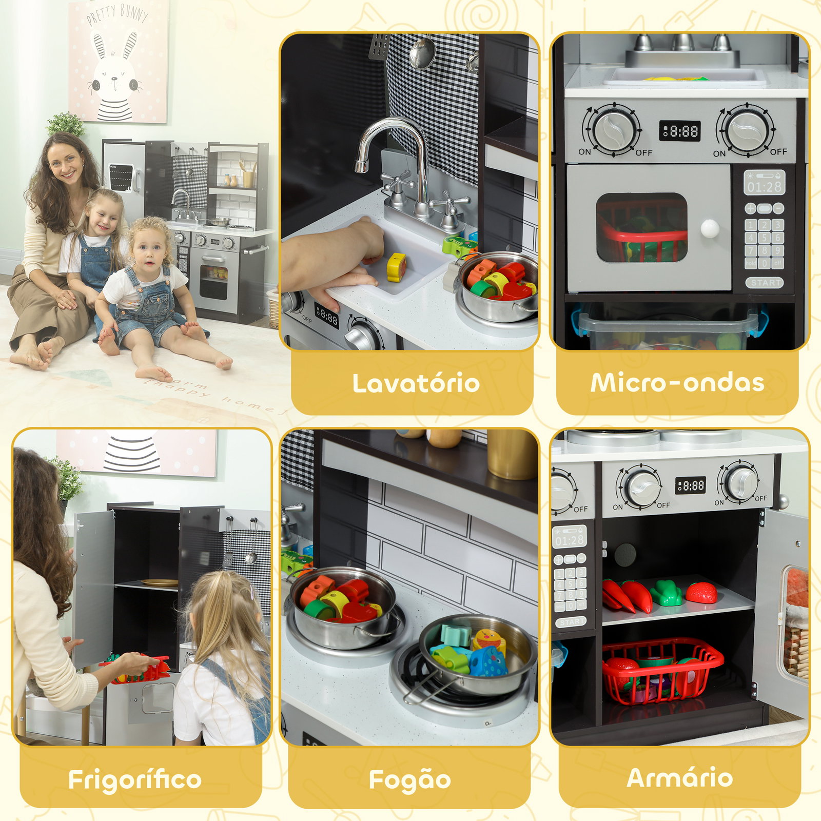 Cozinha de madeira com som cozinha de brincar infantil com acessórios em aço inoxidável frigorífico micro-ondas, lava-loiça 81x27x79,7 cm castanho escuro