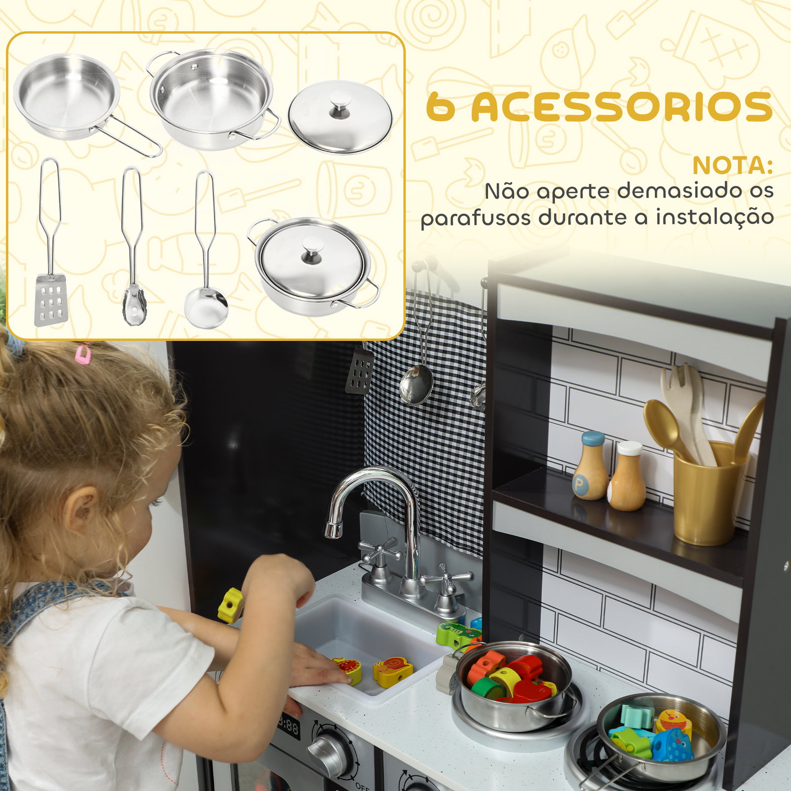 Cozinha de madeira com som cozinha de brincar infantil com acessórios em aço inoxidável frigorífico micro-ondas, lava-loiça 81x27x79,7 cm castanho escuro