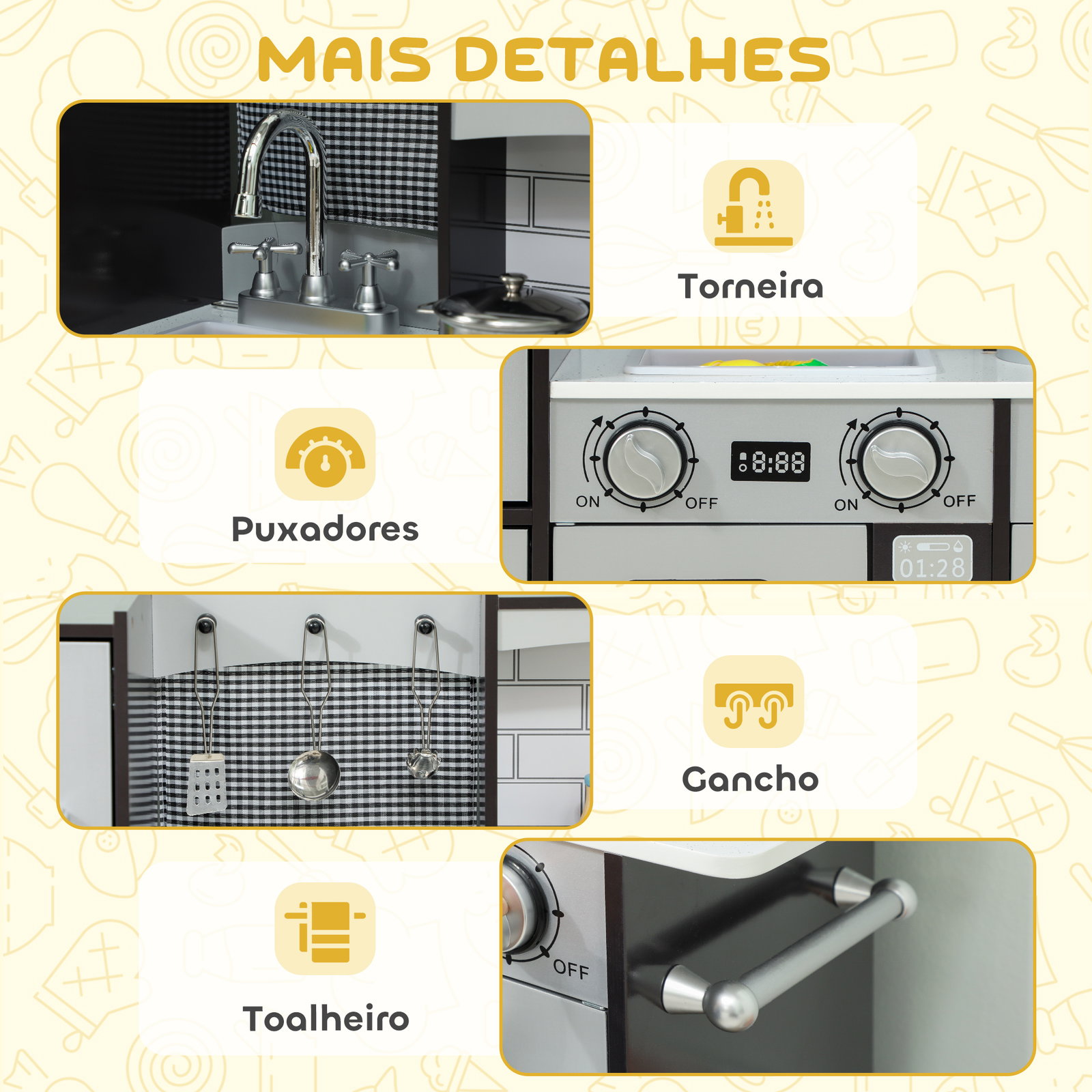 Cozinha de madeira com som cozinha de brincar infantil com acessórios em aço inoxidável frigorífico micro-ondas, lava-loiça 81x27x79,7 cm castanho escuro