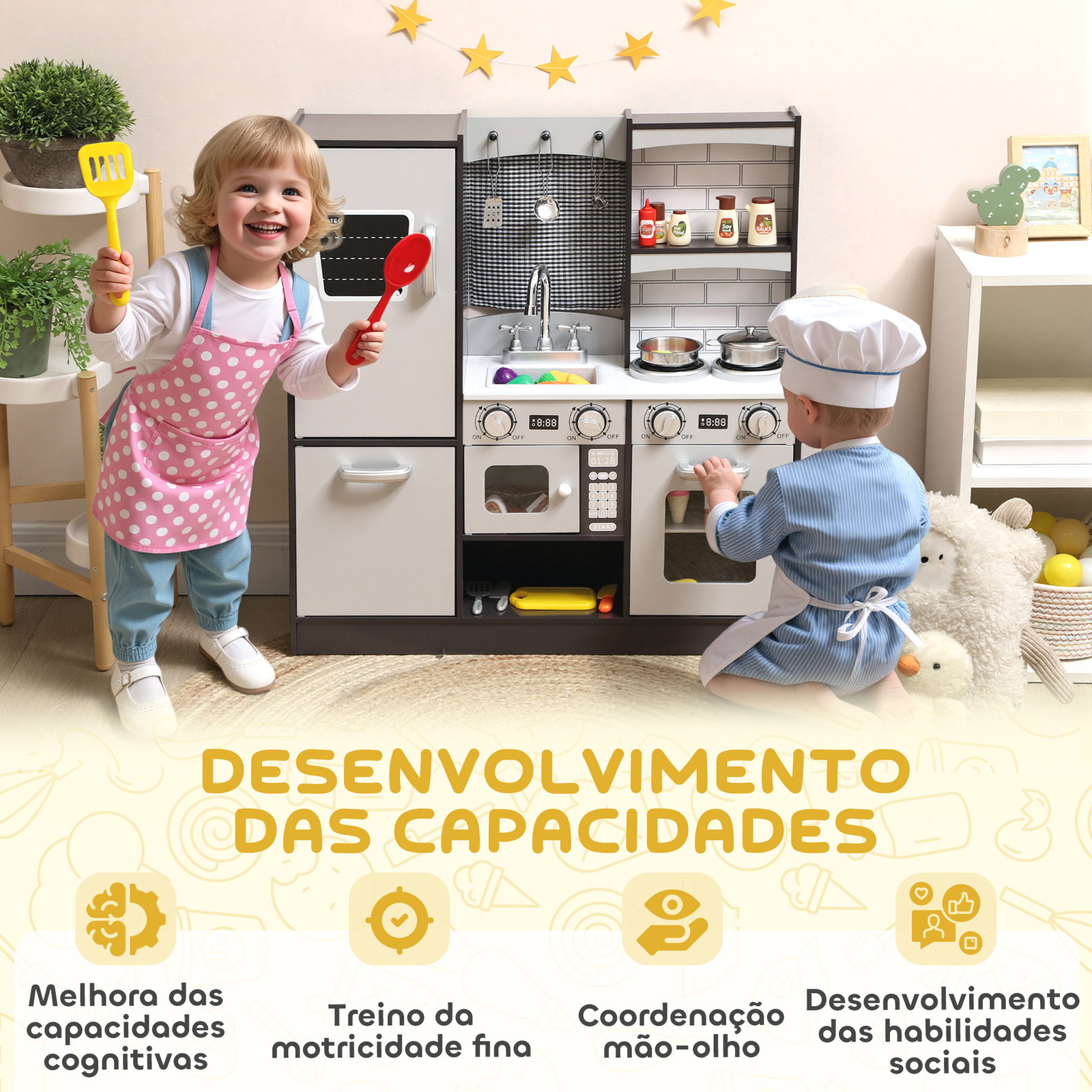 Cozinha de madeira com som cozinha de brincar infantil com acessórios em aço inoxidável frigorífico micro-ondas, lava-loiça 81x27x79,7 cm castanho escuro