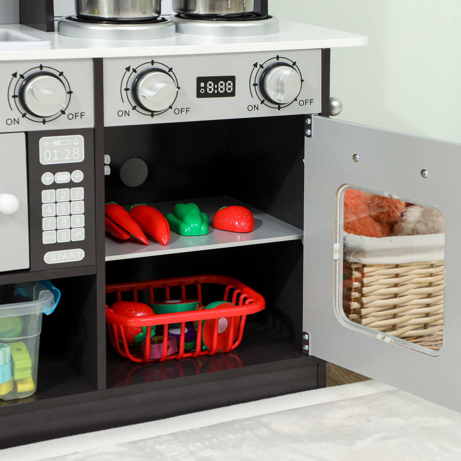 Cozinha de madeira com som cozinha de brincar infantil com acessórios em aço inoxidável frigorífico micro-ondas, lava-loiça 81x27x79,7 cm castanho escuro