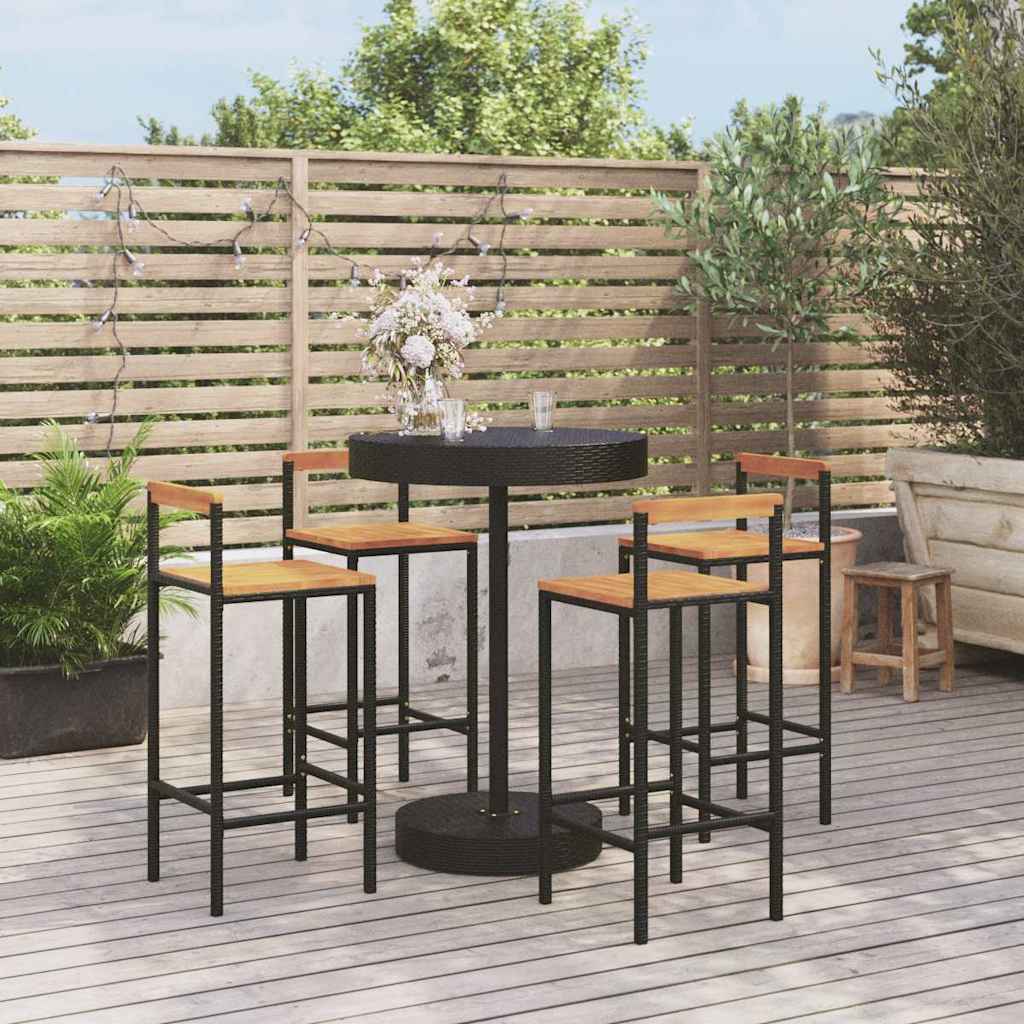 5 Pcs conjunto de bar p/ jardim vime PE/acácia maciça preto