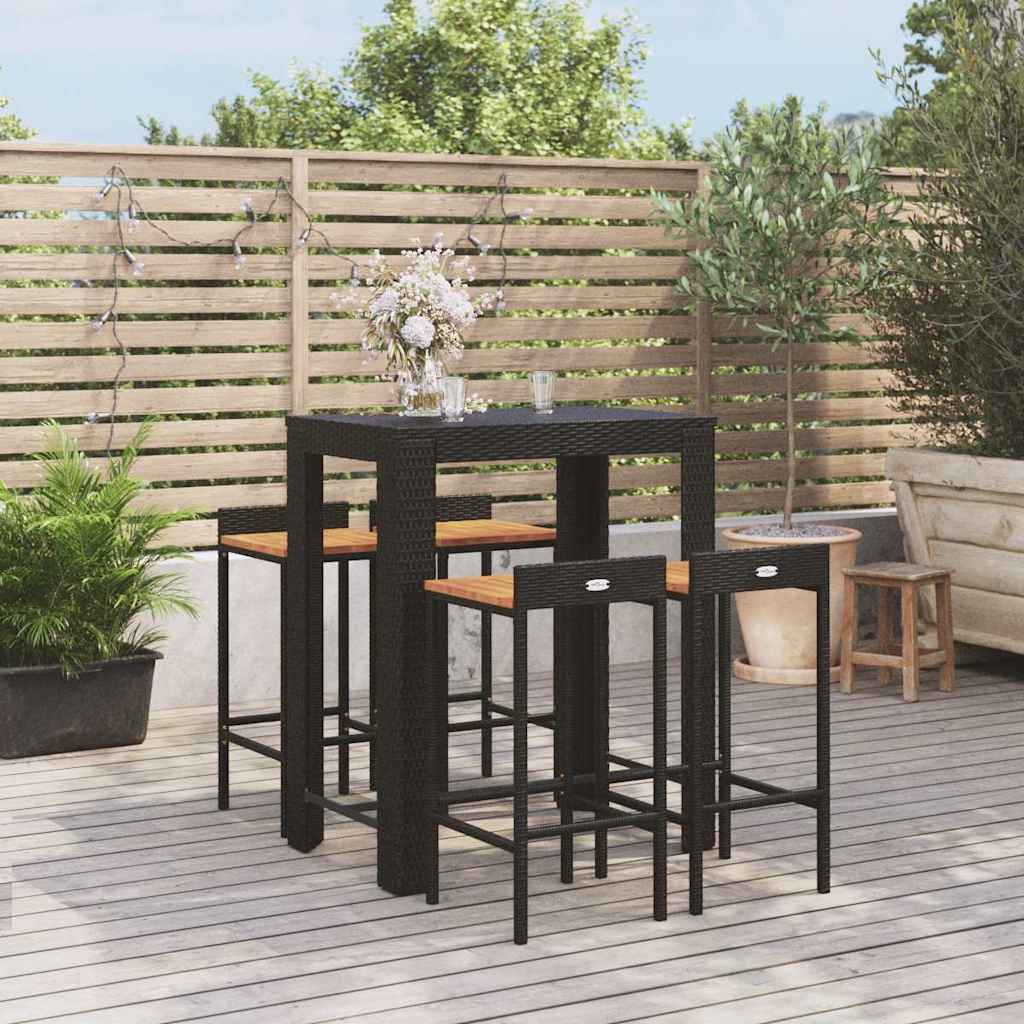 5 Pcs conjunto de bar p/ jardim vime PE/acácia maciça preto