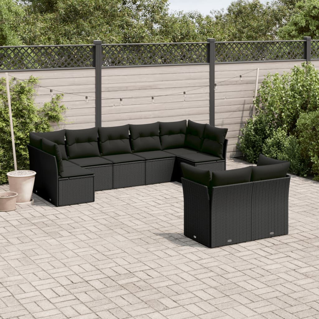 9 Pcs conjunto de sofás p/ jardim c/ almofadões vime PE preto