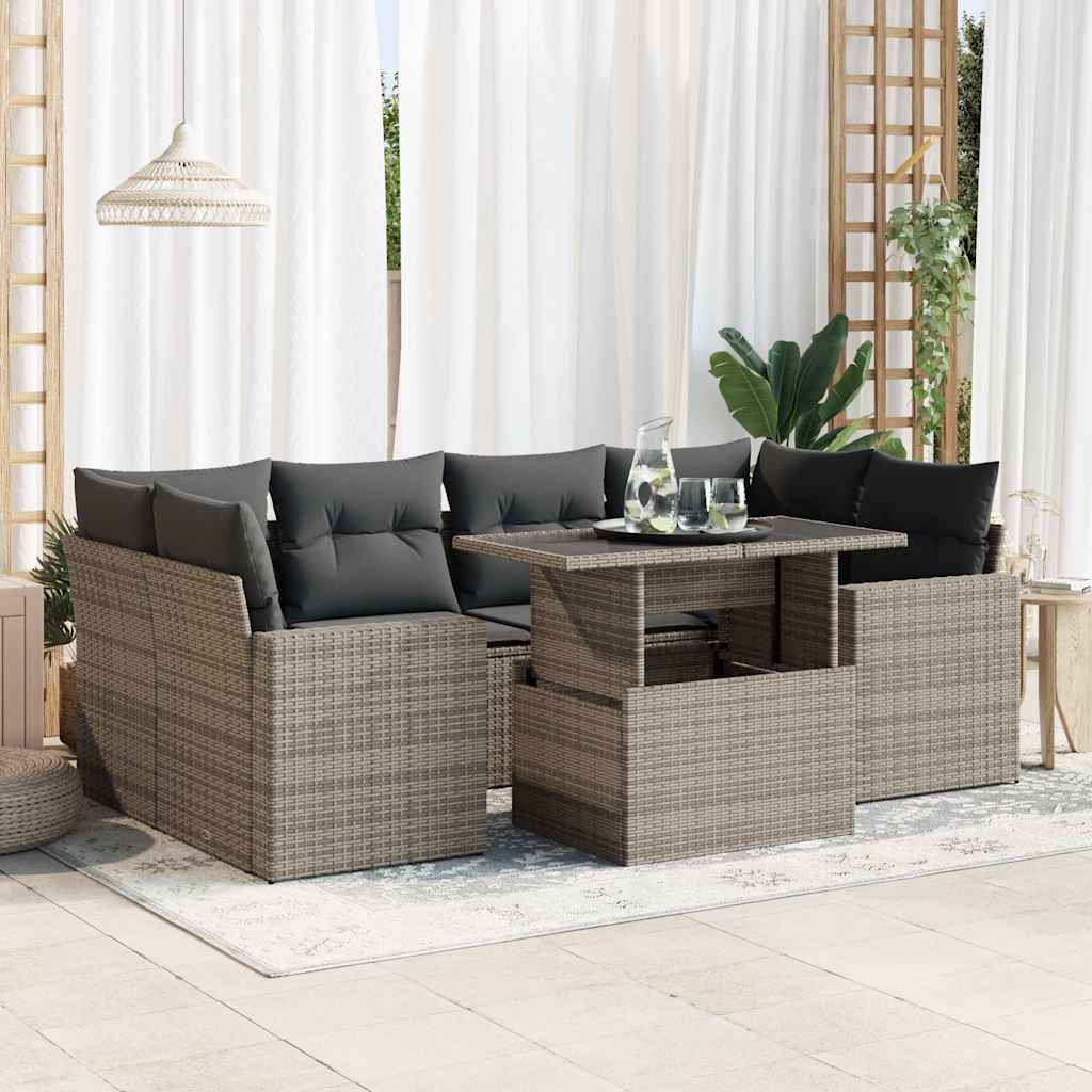 7 Pcs conjunto sofás p/ jardim c/ almofadões vime PE cinzento