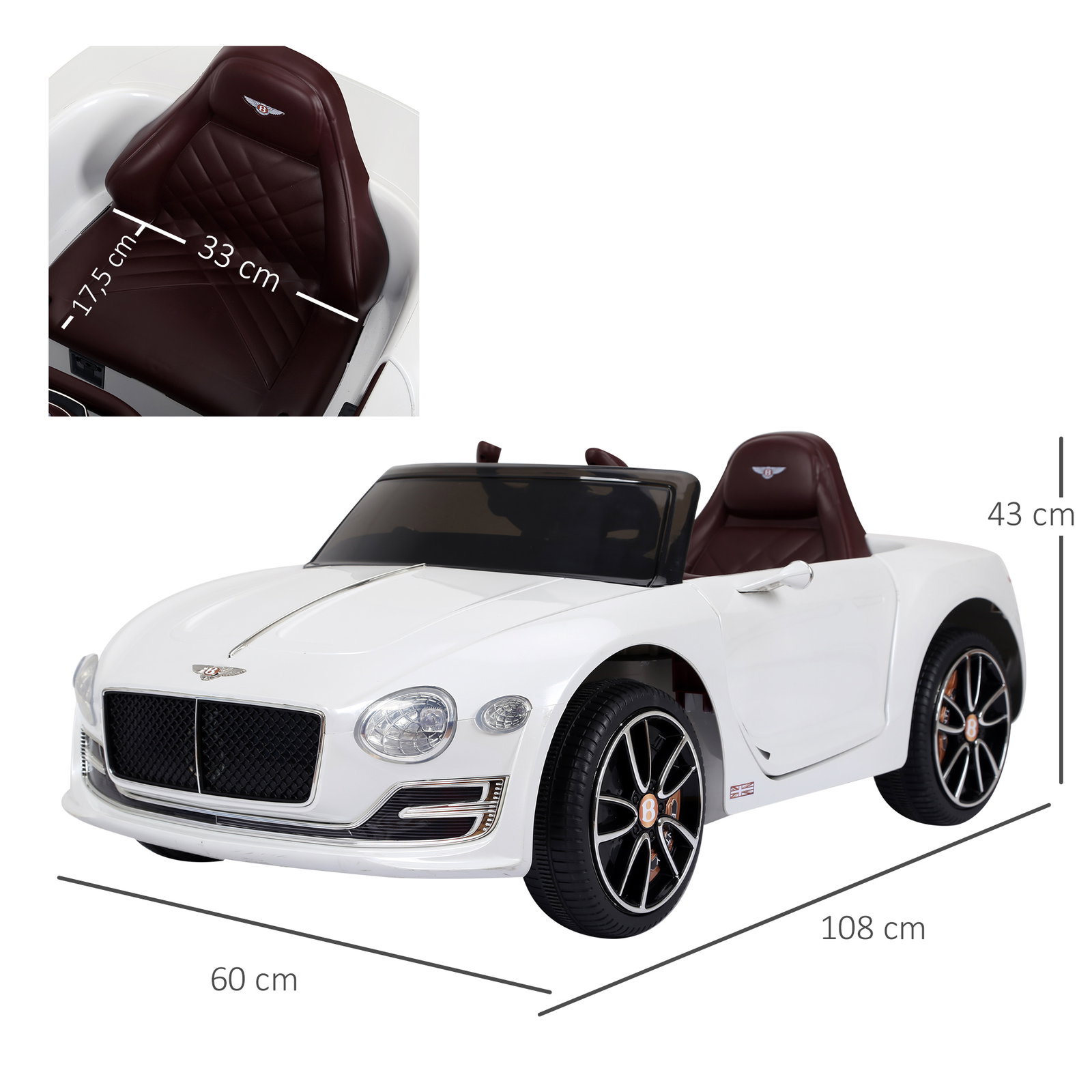 Carro elétrico infantil com licencia de bentley gt para crianças acima de 3 anos com controle remoto 2 velocidades com faróis musica 108x60x43 cm branco