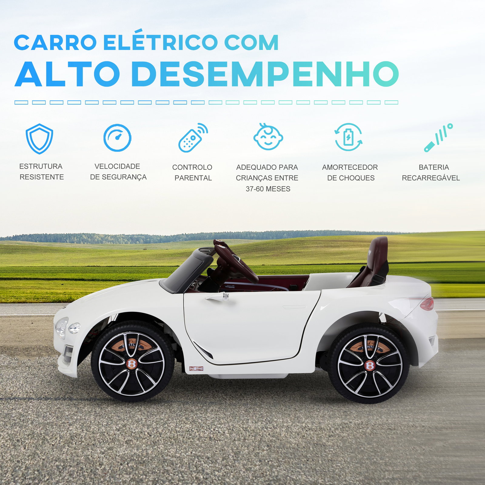 Carro elétrico infantil com licencia de bentley gt para crianças acima de 3 anos com controle remoto 2 velocidades com faróis musica 108x60x43 cm branco