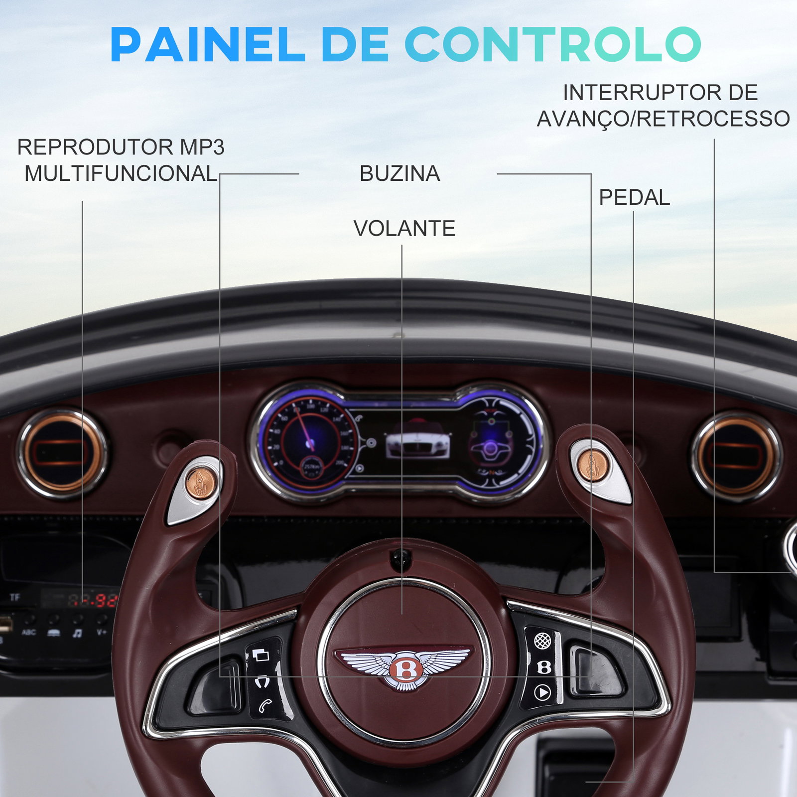 Carro elétrico infantil com licencia de bentley gt para crianças acima de 3 anos com controle remoto 2 velocidades com faróis musica 108x60x43 cm branco