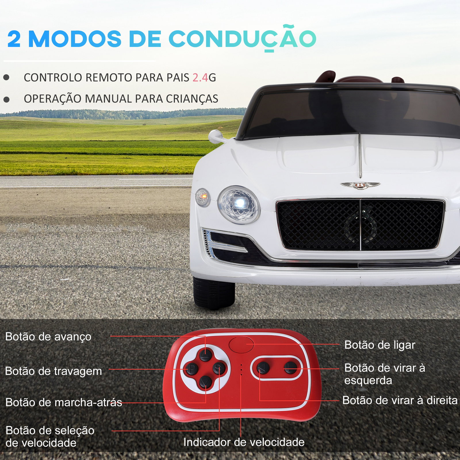 Carro elétrico infantil com licencia de bentley gt para crianças acima de 3 anos com controle remoto 2 velocidades com faróis musica 108x60x43 cm branco