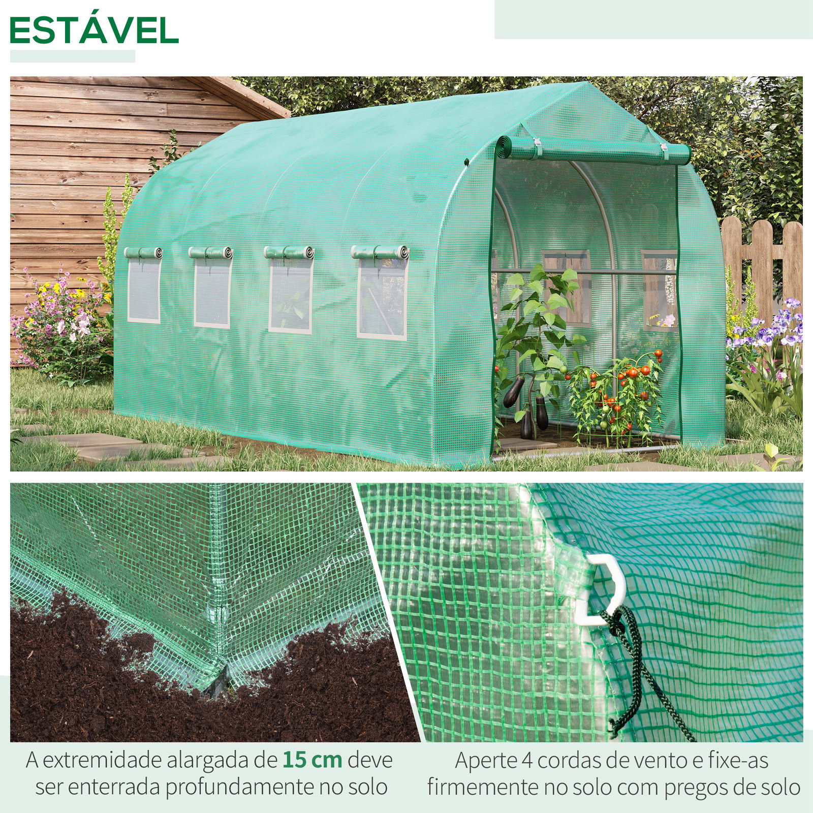 Estufa tipo túnel 4x2x2 m estufa de exterior com 8 janelas de malha e porta estufa de cultivos para pátio jardim verde