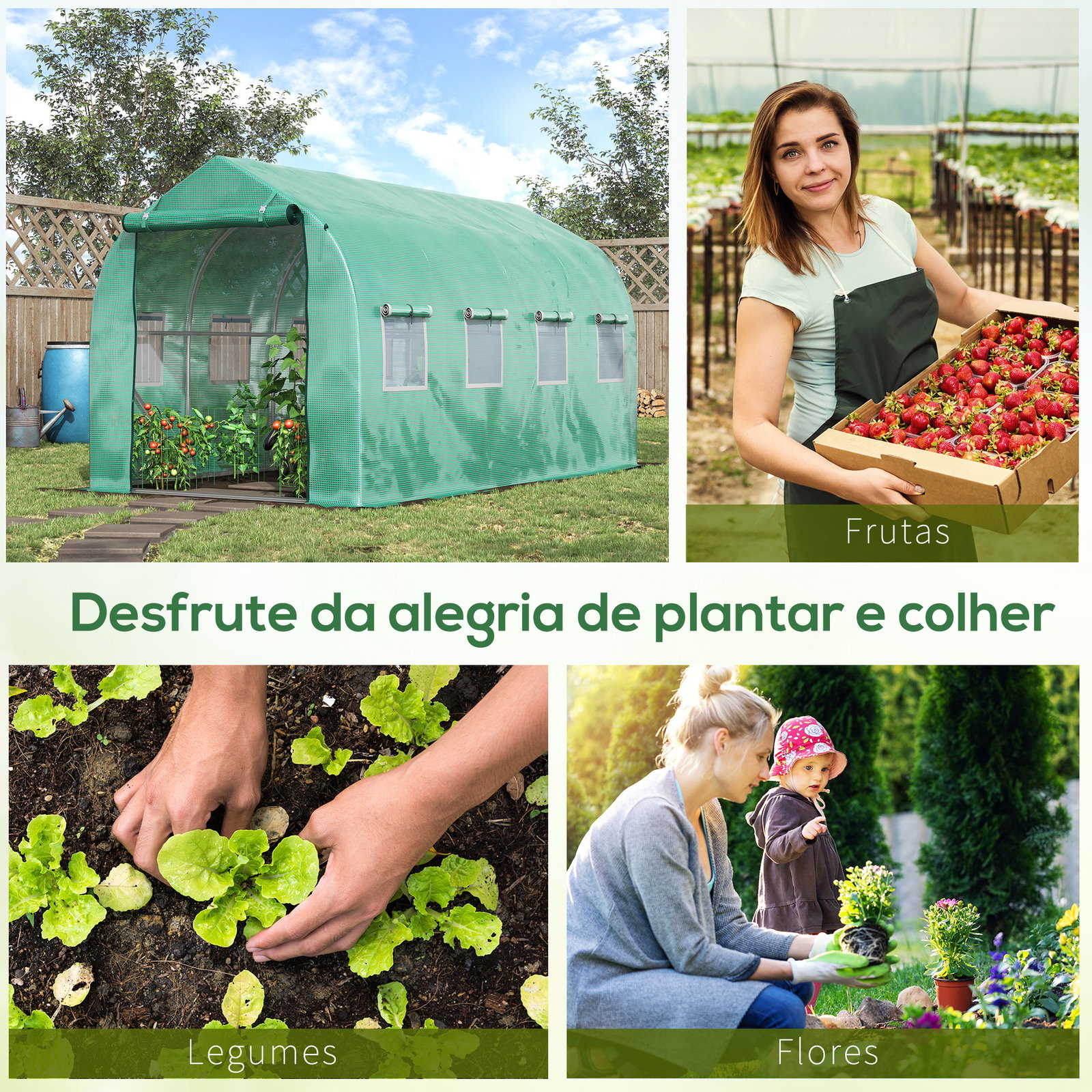 Estufa tipo túnel 4x2x2 m estufa de exterior com 8 janelas de malha e porta estufa de cultivos para pátio jardim verde