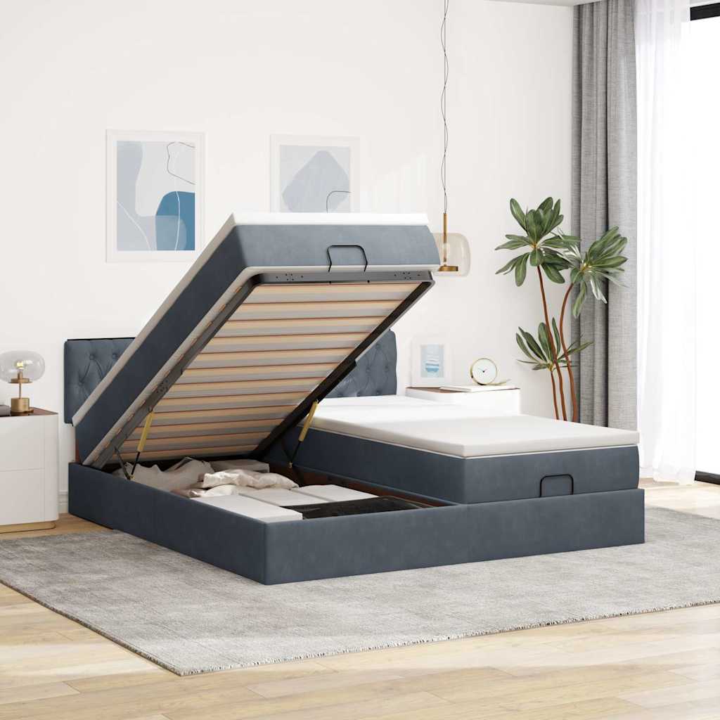 Moldura de cama otomana com colchão cinza escuro veludo