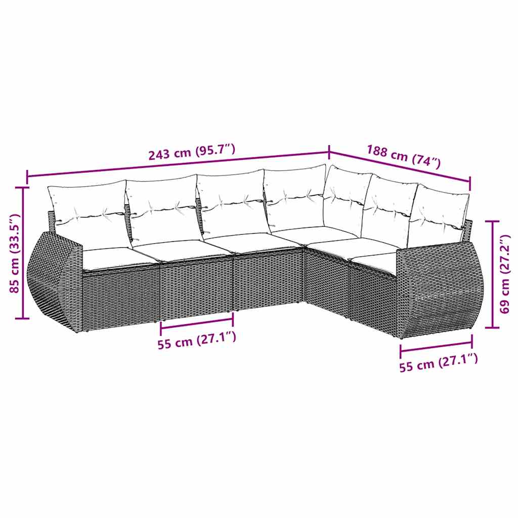 6 Pcs conjunto sofás de jardim c/ almofadões vime PE preto